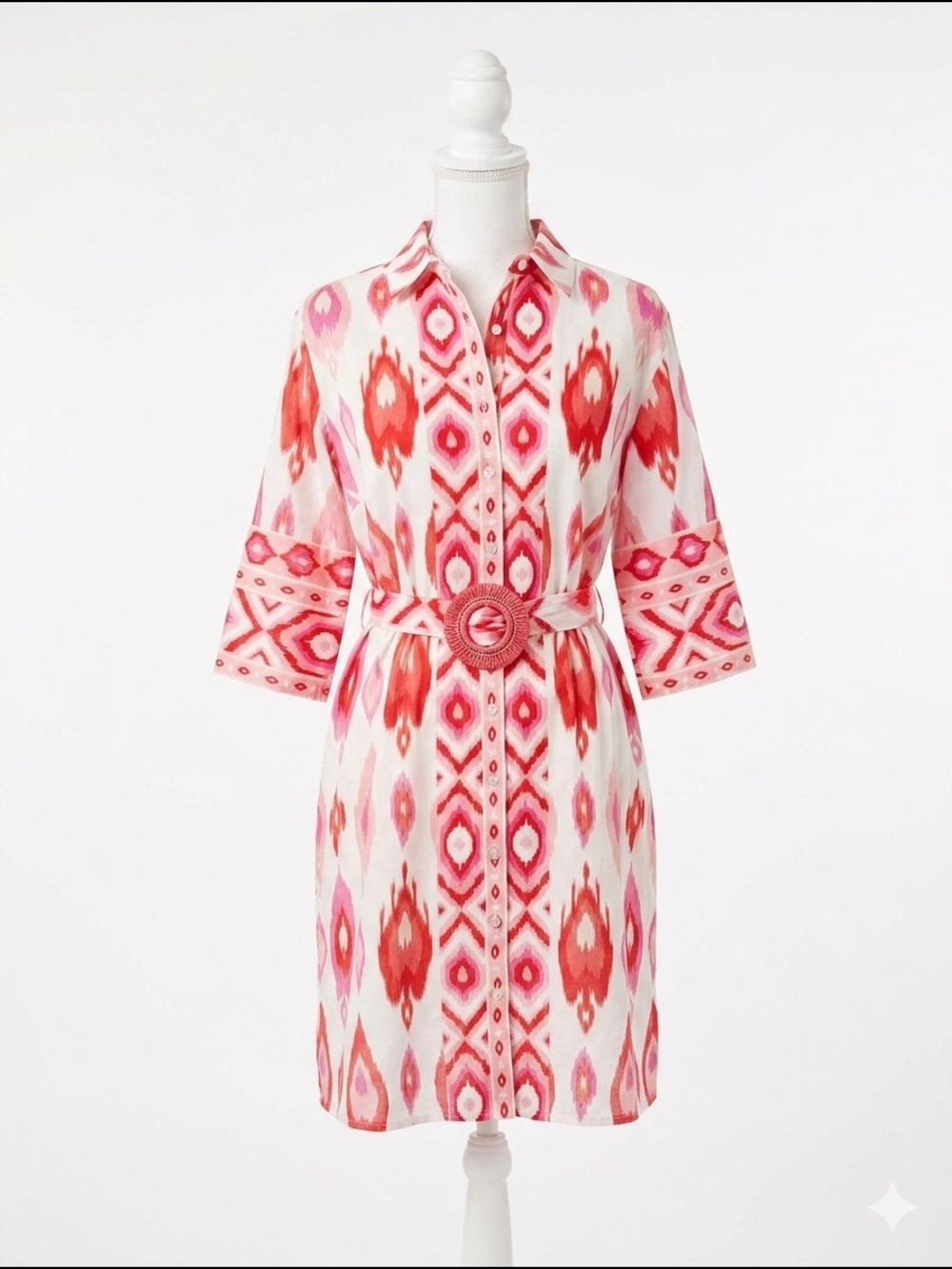 Bella Tu Pink and Red Ikat Belted Shirt‎ Dress Medium Vacation Resort Preppy
